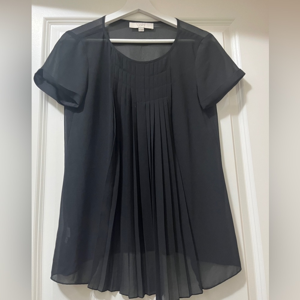 LOFT Elegant Sheer Black Pleated Blouse